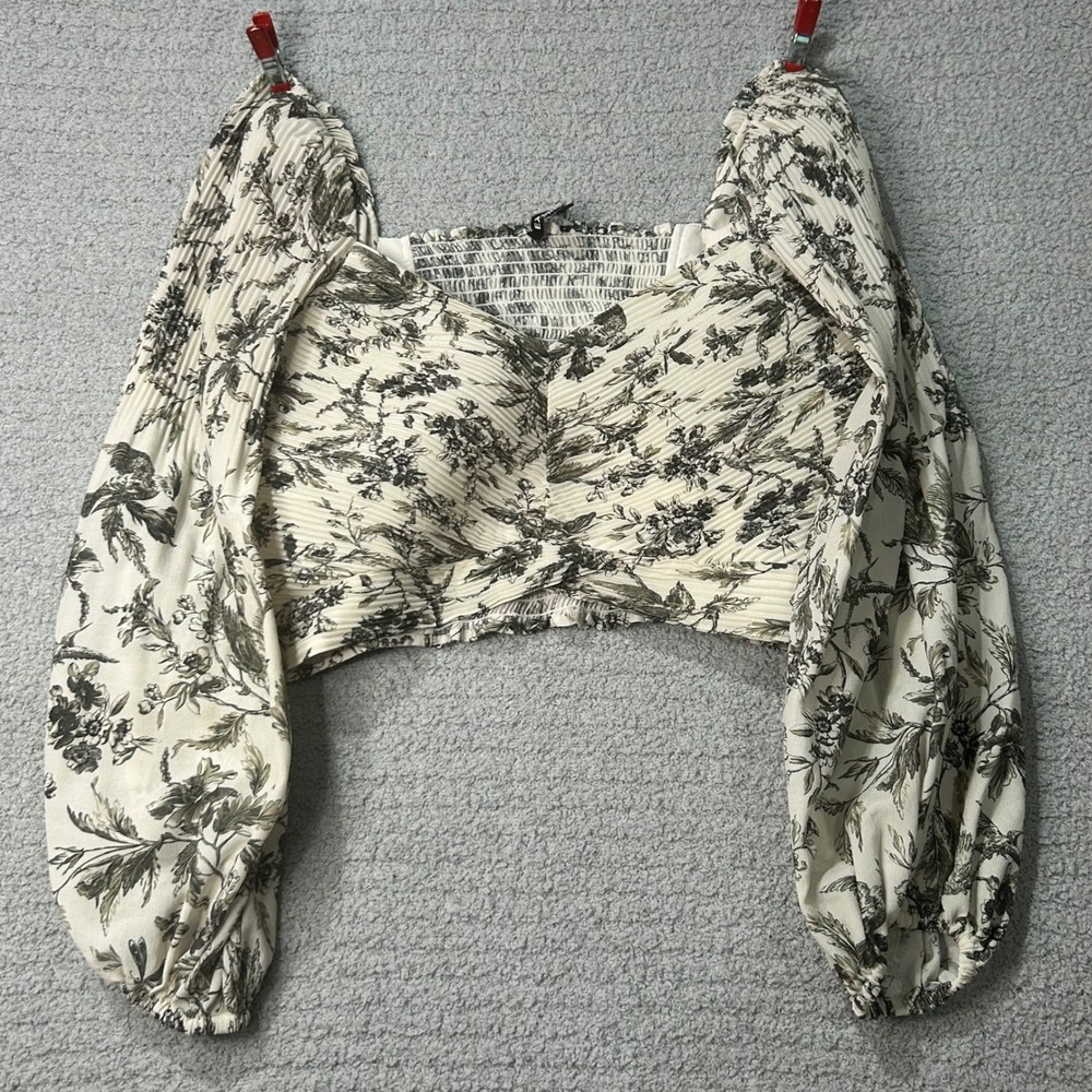 Express Blouse Plisse Toile Crop M Cream Green Cottagecore Puff Sleeve Romantic